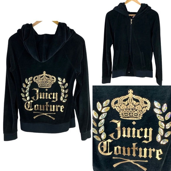 Juicy Couture Tops - Juicy Couture Y2K Hoodie Jacket Black Velvet Size S Sequins Track Full Zip